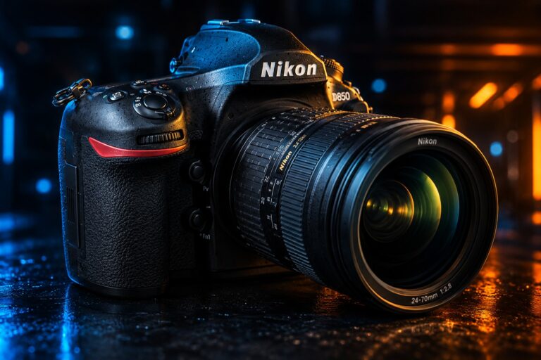 Nikon D850 DSLR camera body with a professional lens in a dramatic studio setting for a 2026 review