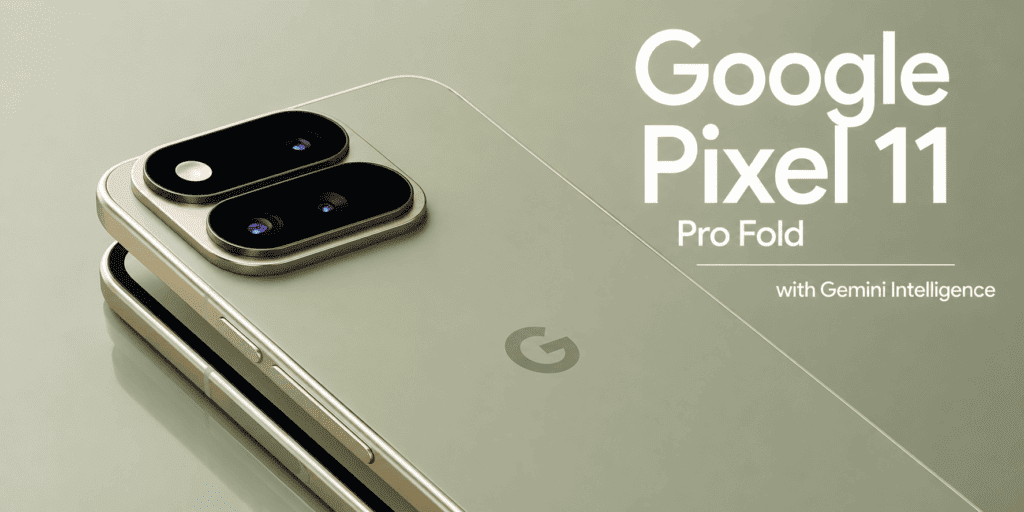 Google Pixel 11: Every Major Leak, Spec & Price Rumor 1 Leaked render of the Google Pixel 11 Pro Fold smartphone in the Olive colorway, showing its dual-screen foldable design and rear camera module