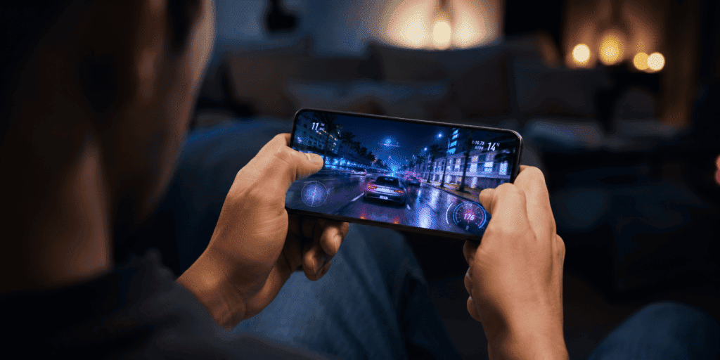 iQOO Z11 Lite Review: The Next Budget Champion or Just Hype? 2 Hands holding the iQOO Z11 Lite horizontally while playing a high-speed racing game to test display and performance.