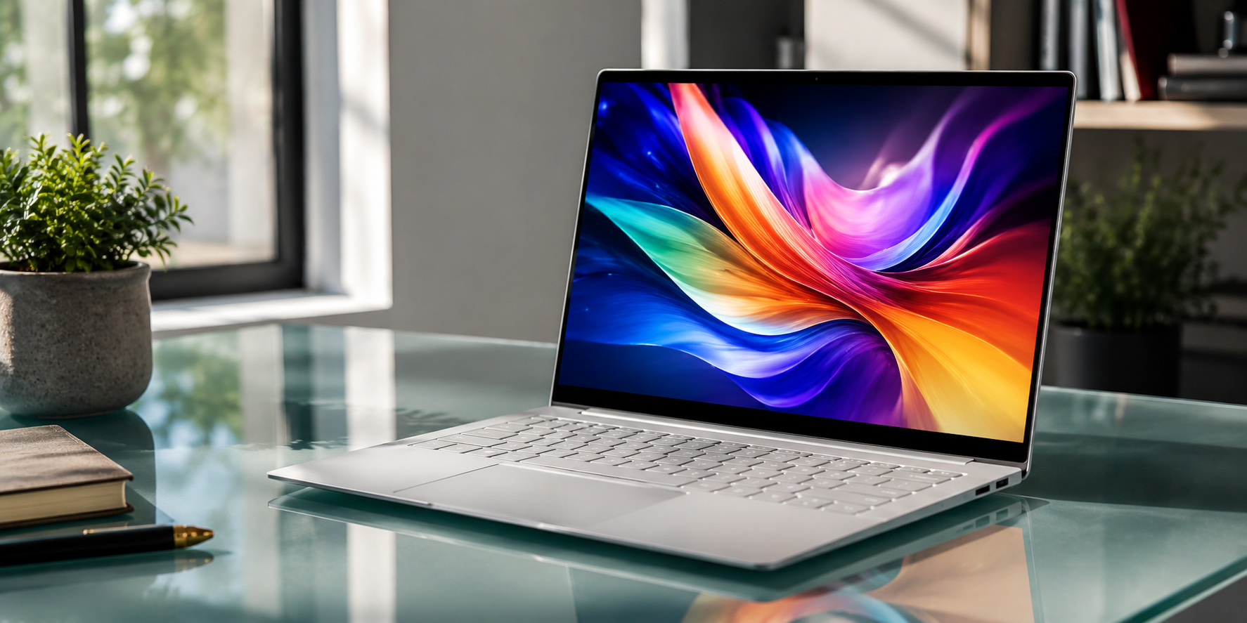 ASUS Zenbook 14 OLED UX3405CA silver laptop with a vibrant 3K OLED display on a modern glass desk in natural sunlight.