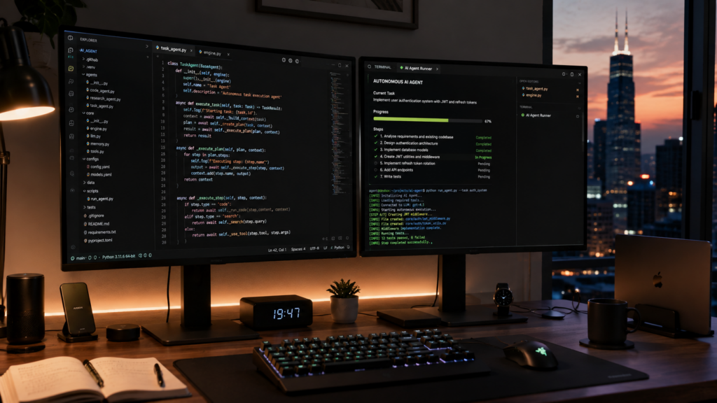 AI coding agents debugging and refactoring multi-file software repository on developer screen