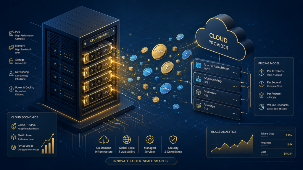 Enterprise cloud GPU server cluster vs API token cost visualization