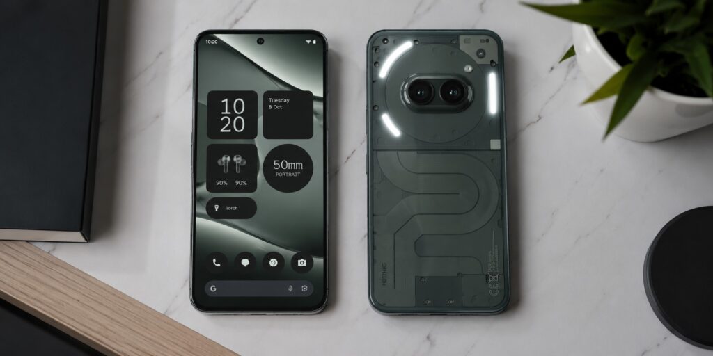 Nothing Phone 2a Plus smartphone in Metallic Grey showcasing its transparent back panel with Glyph LEDs and symmetrical front display on a modern desk.