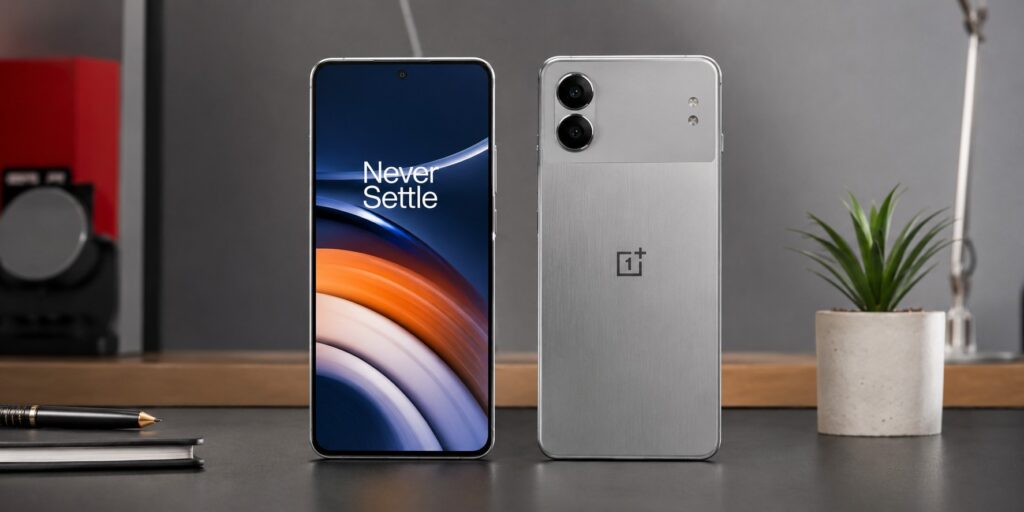 OnePlus Nord 4 smartphone in Mercurial Silver, showcasing its metal unibody back panel and 120Hz front AMOLED display on a desk.