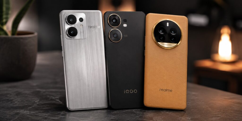 A lineup of the three best premium smartphones under 30000 rupees placed on a dark slate table