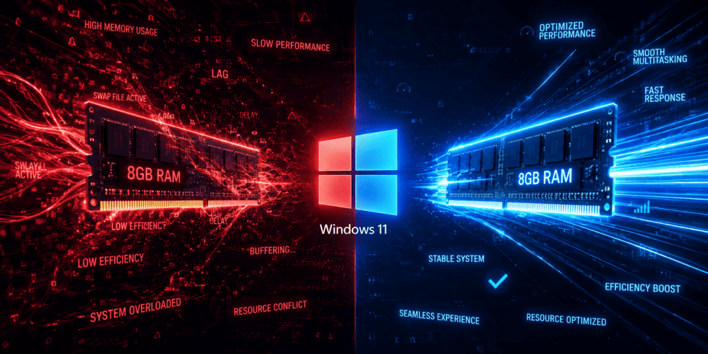Microsoft Confirms Windows 11 8GB RAM Optimisation Update for 2026 2 A split conceptual illustration showing sluggish red data streams versus fast, optimized blue data streams representing Windows 11 8GB RAM performance