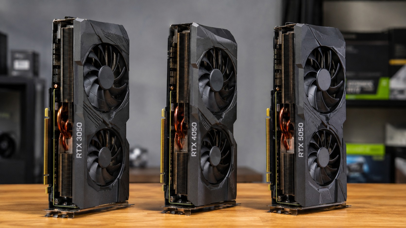 Side-by-side physical comparison of NVIDIA RTX 3050, RTX 4050, and RTX 5050 desktop graphics cards on a wooden studio desk.