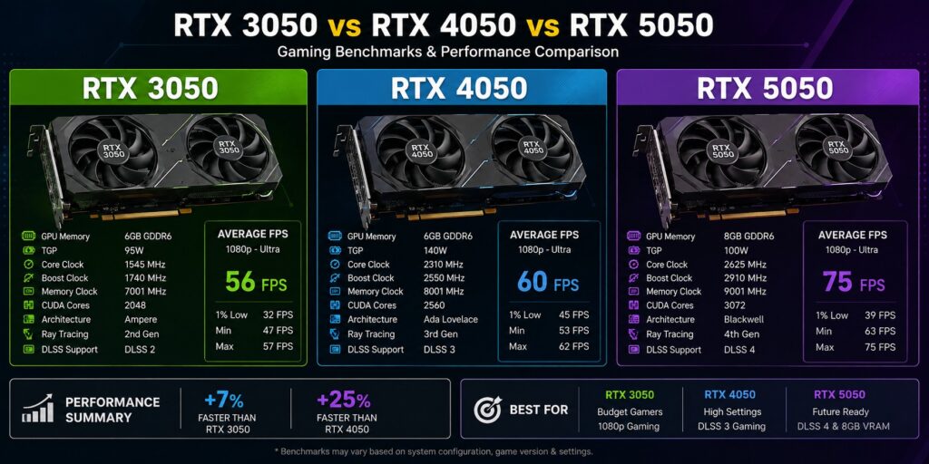 RTX 3050 vs RTX 4050 vs RTX 5050 laptop GPU comparison showing specifications, gaming performance, VRAM, TGP, DLSS support, and 1080p FPS benchmarks.