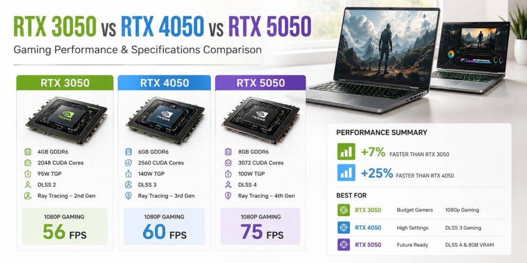 RTX 3050 vs RTX 4050 vs RTX 5050 gaming laptop GPU comparison infographic showing specifications, DLSS support, VRAM, TGP, CUDA cores, and 1080p gaming performance.