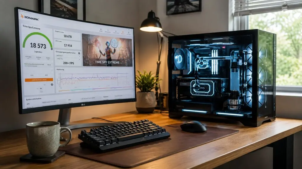 Custom liquid-cooled desktop PC tower sitting on an oak desk next to a curved monitor displaying benchmarks.