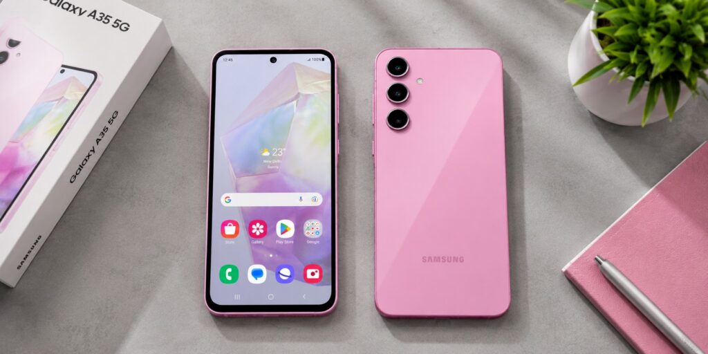 Samsung Galaxy A35 5G smartphone in Awesome Lilac showcasing its minimalist floating camera rings and flat Super AMOLED display on a desk.