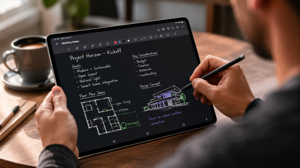 Close-up of a user writing notes and sketching diagrams on the Galaxy Tab S12 using the S Pen