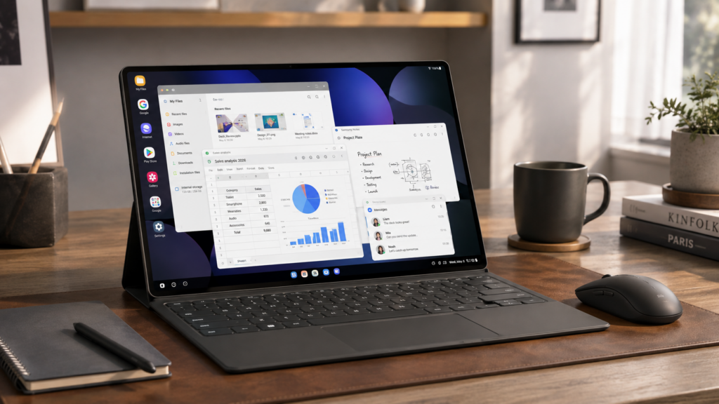 Samsung Galaxy Tab S12 connected to a magnetic keyboard folio running Samsung DeX desktop mode with multi-window multitasking