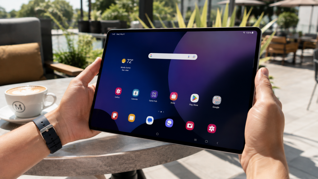 Outdoor test of the Samsung Galaxy Tab S12 screen under bright direct daylight showing low glare and high brightness