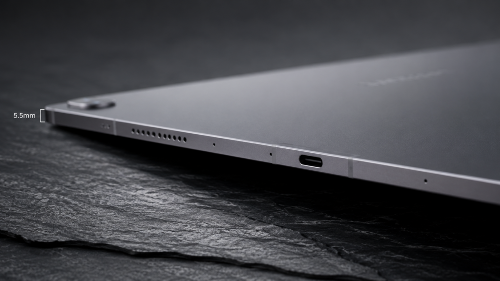 Side-profile macro view of the slim 5.5mm chassis of Samsung Galaxy Tab S12 showing USB-C port and speaker grilles