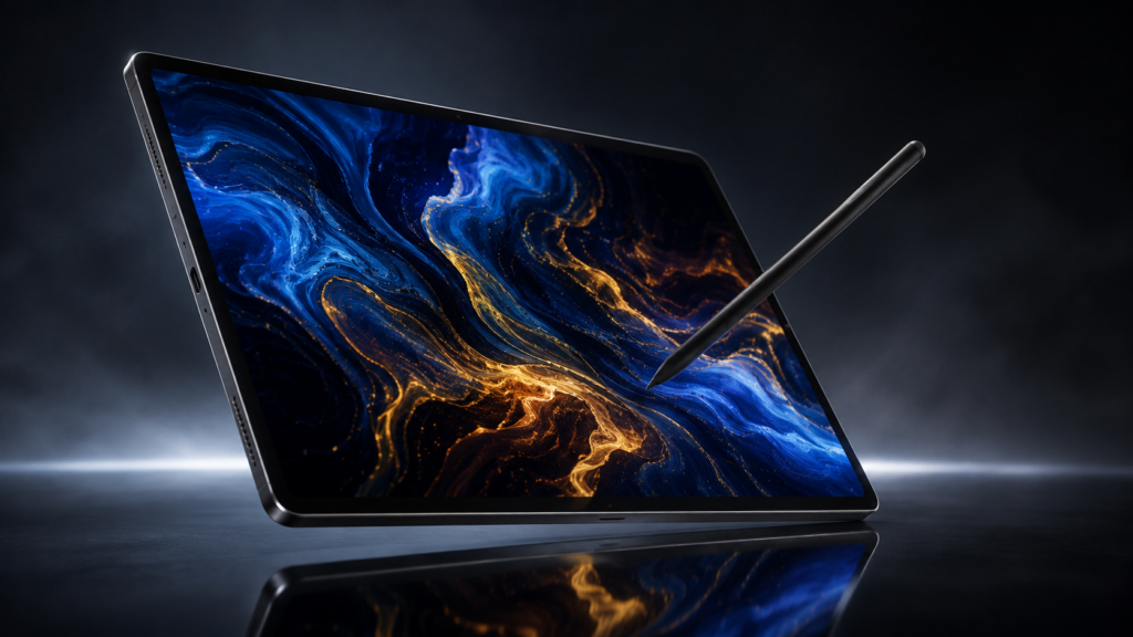 Premium cinematic hero shot of the Samsung Galaxy Tab S12 Ultra standing on a sleek reflective surface with the S Pen floating beside it against an ambient studio backdrop