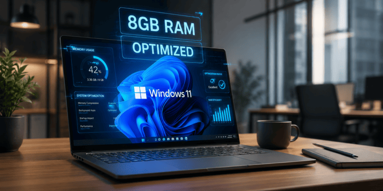 A modern laptop displaying a glowing Windows 11 interface, illustrating 8GB RAM optimization and memory efficiency.