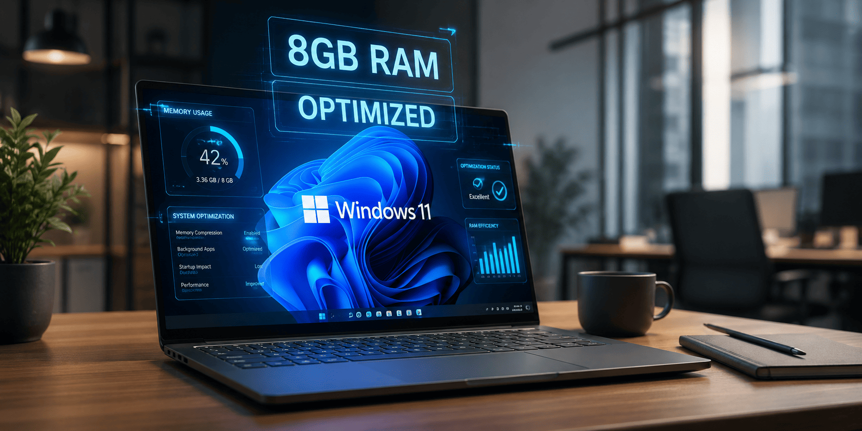 A modern laptop displaying a glowing Windows 11 interface, illustrating 8GB RAM optimization and memory efficiency.