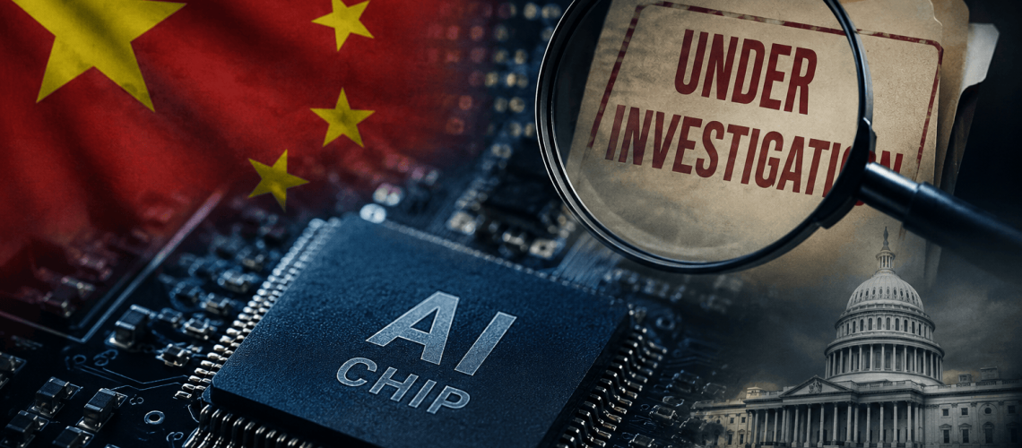 Conceptual news image showing an AI semiconductor chip with Chinese flag elements and an investigation theme, representing global scrutiny over Chinese AI chip access and technology security.