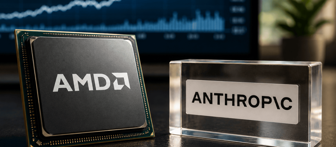 Realistic editorial image showing an AMD processor beside Anthropic branding, symbolizing AMD's planned investment of up to $5 billion in Anthropic to accelerate AI infrastructure and innovation.
