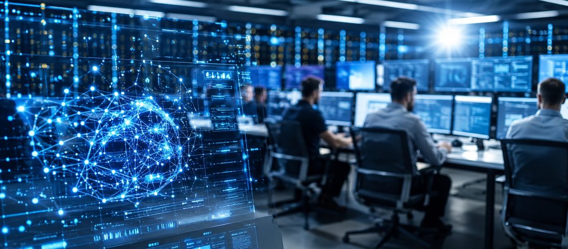 Modern cybersecurity operations center with AI network visualizations