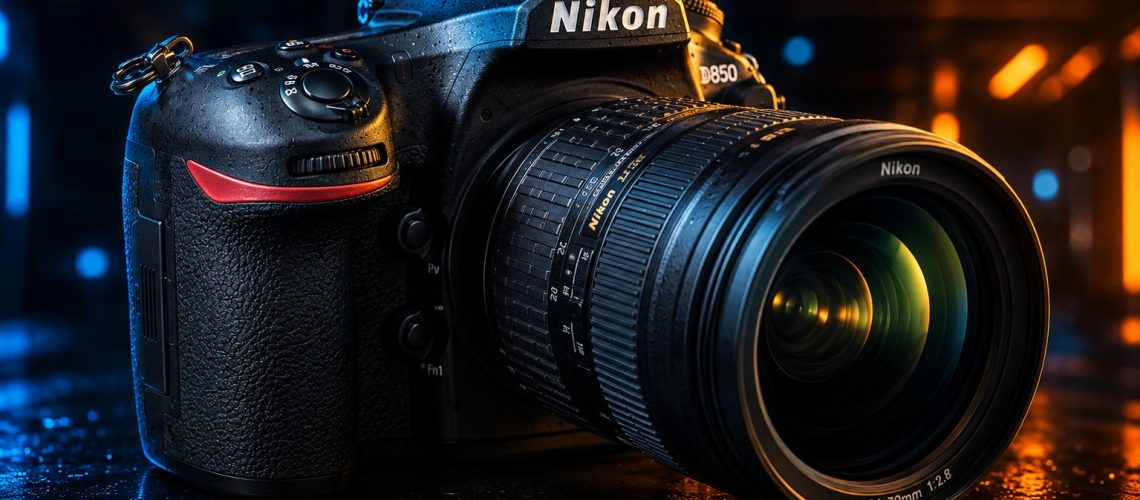 Nikon D850 DSLR camera body with a professional lens in a dramatic studio setting for a 2026 review