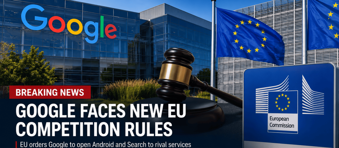 Google headquarters alongside European Union flags and a judge's gavel, illustrating new EU competition rules requiring Google to open Android and Search to rival services under the Digital Markets Act.