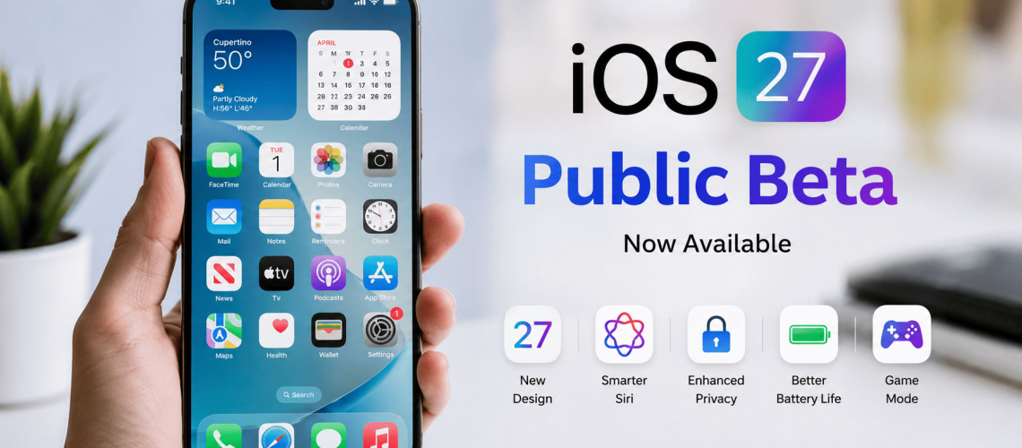 Apple iPhone displaying the iOS 27 Public Beta interface with new AI features, smarter Siri, improved privacy, enhanced battery life, and redesigned user experience.