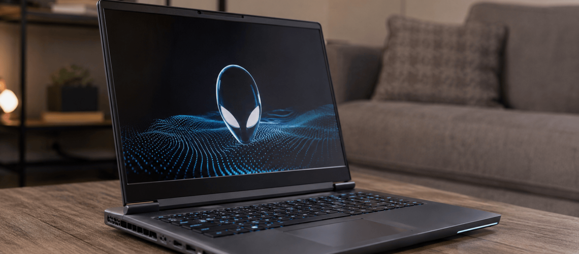 Alienware 16 Area-51 gaming laptop with premium RGB keyboard and high-performance display on a modern desk setup.