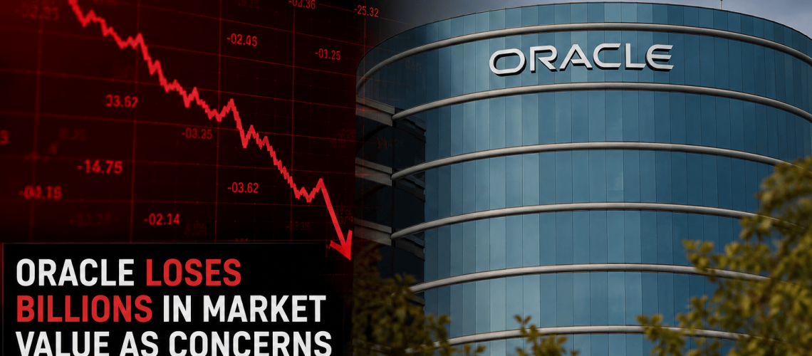 Oracle headquarters as investors react to declining market value amid AI investment concerns.