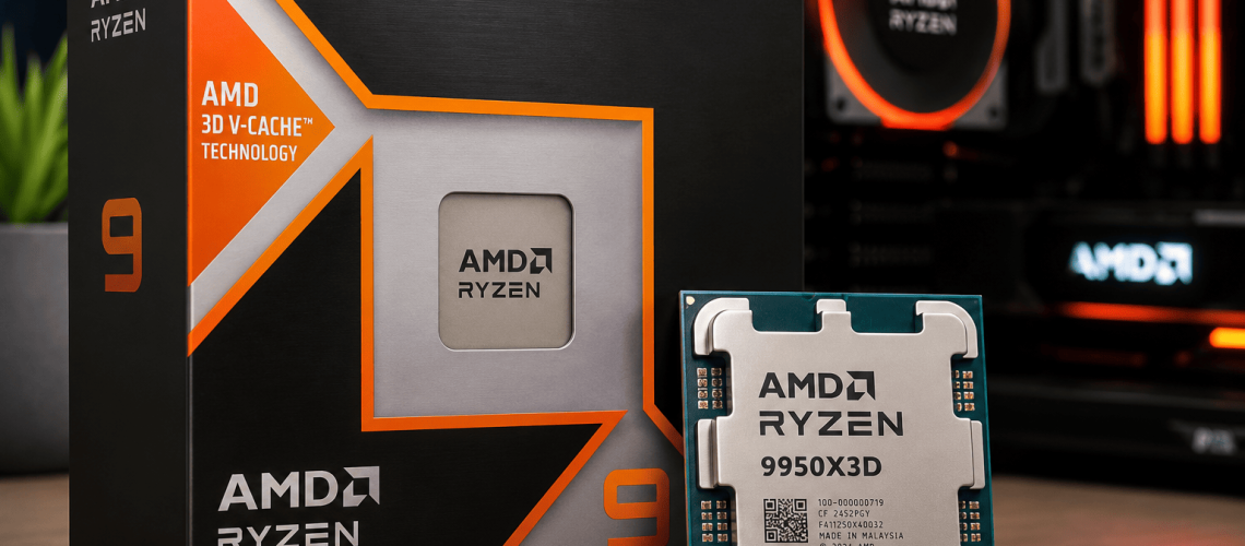 High-resolution product image of the AMD Ryzen 9 9950X3D desktop processor with retail packaging, highlighting AMD's flagship Zen 5 CPU for gaming, AI, and content creation.