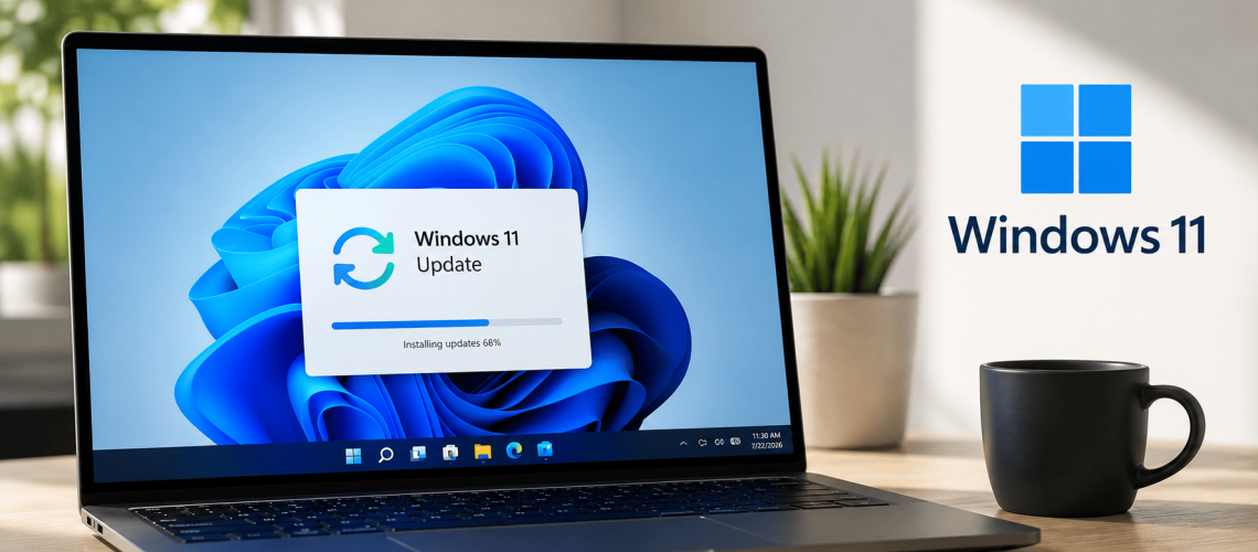 Editorial image showing Microsoft Windows 11 Patch Tuesday update representing the July 2026 security release that fixes 622 vulnerabilities, including two actively exploited zero-day flaws.